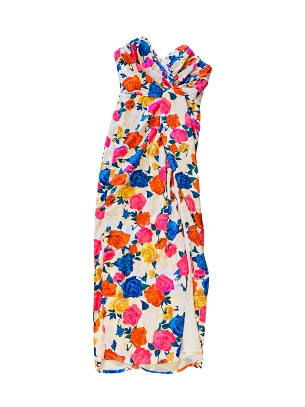 DEE ELLY Pink Blue Floral Corset Column Strapless Side Slit Midi Dress